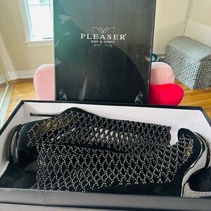 Pleaser Black Suede Thigh-High Boots with Pewter Chrome Rhinestones